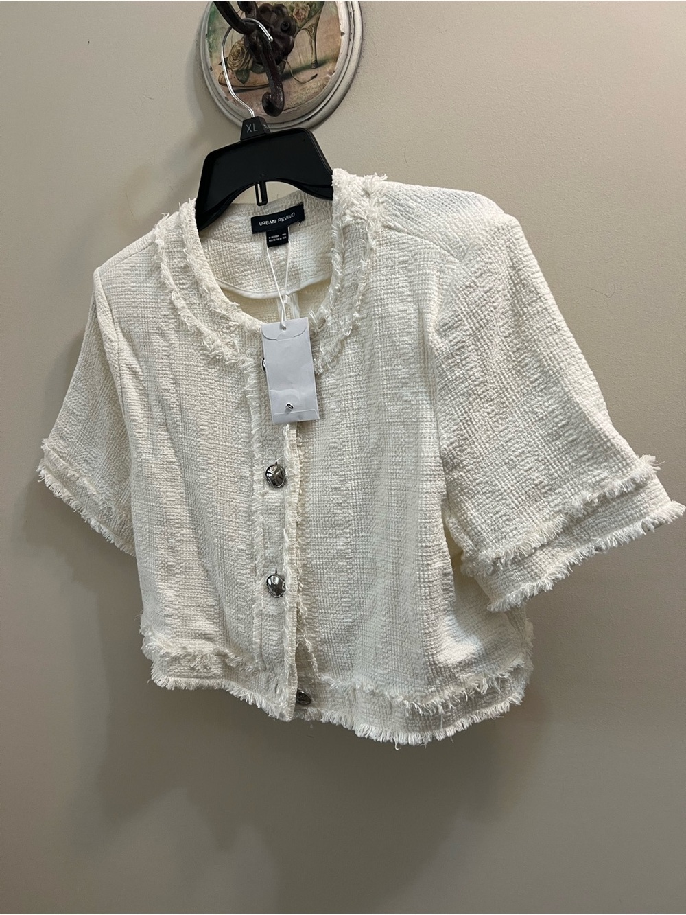 Urban Revivo Cream Textured Fringe Cropped Jacket Size 6 (medium)